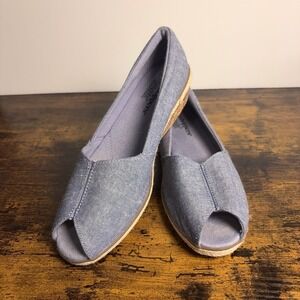 Grasshoppers Ortholite Denim Wedge Shoes Women 8.5M Blue Canvas Slip On Peep Toe